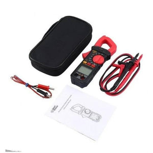 Solar Current Measuring Digital Clamp Meter St822 1000V DC And 600 Amp DC And AC - a black and red clamp meter, test leads, a temperature probe, a manual, and a carrying case.