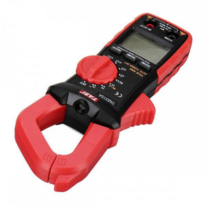 Solar Current Measuring Digital Clamp Meter St822 1000V DC And 600 Amp DC And AC - TASI TA8315A digital clamp meter in red and black, featuring a rotary dial, a blank LCD screen, and two input ports at the top.