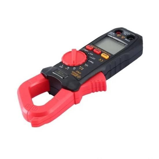 Solar Current Measuring Digital Clamp Meter St822 1000V DC And 600 Amp DC And AC - a black and red handheld device with a large clamp jaw, a central rotary selector knob, function buttons, and a blank screen.