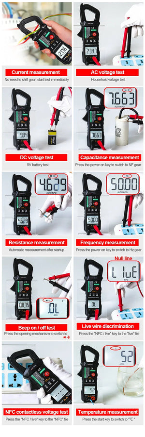 Solar Meter WinAPEX 8204 Digital Clamp Meter AC Ampare DC Ampare Meter Clamp meter - shown in a collage of ten photos demonstrating various electrical testing modes, digital displays, and probe connections.