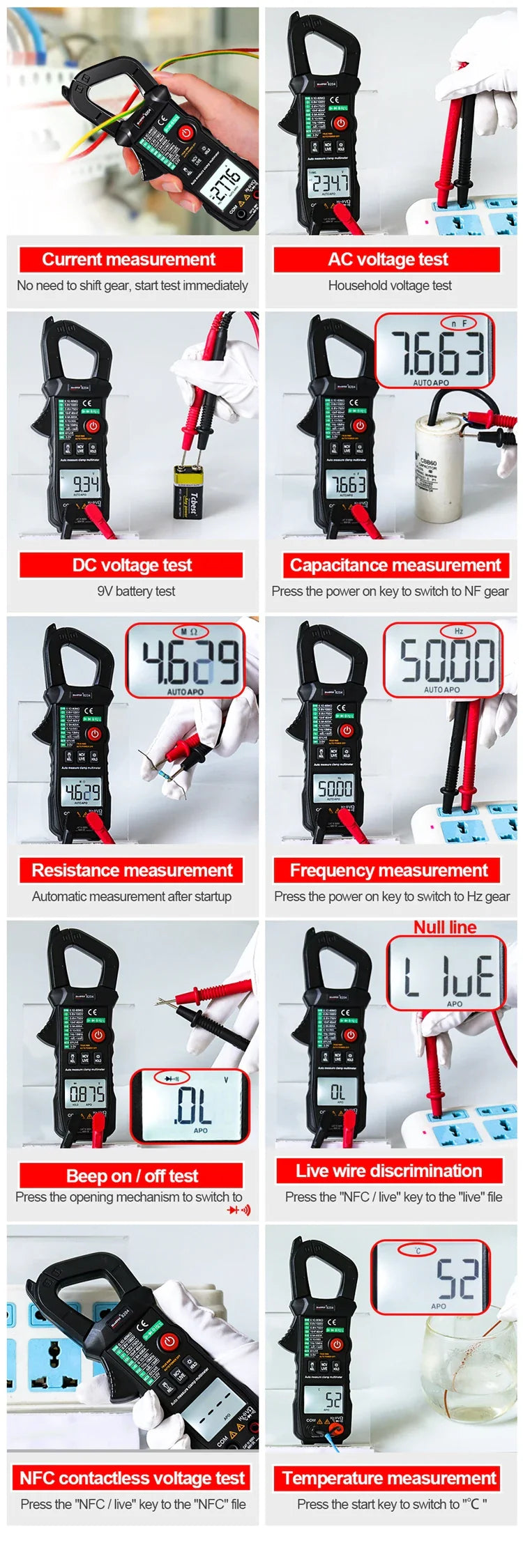Solar Meter WinAPEX 8204 Digital Clamp Meter AC Ampare DC Ampare Meter Clamp meter - shown in a collage of ten photos demonstrating various electrical testing modes, digital displays, and probe connections.
