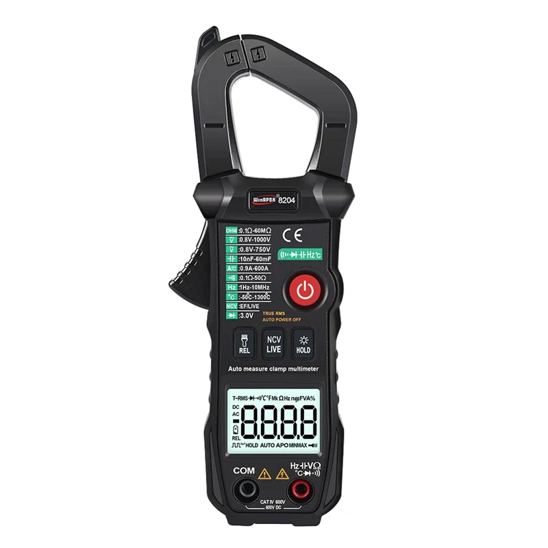 Solar Meter WinAPEX 8204 Digital Clamp Meter AC Ampare DC Ampare Meter Clamp meter - a black handheld device with a top jaw, central power button, function buttons, LCD screen, and two input ports.