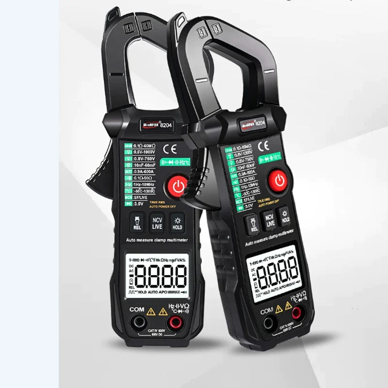 Solar Meter WinAPEX 8204 Digital Clamp Meter AC Ampare DC Ampare Meter Clamp meter - shown as two black handheld devices with digital screens, clamp jaws, power buttons, and input ports at the bottom.