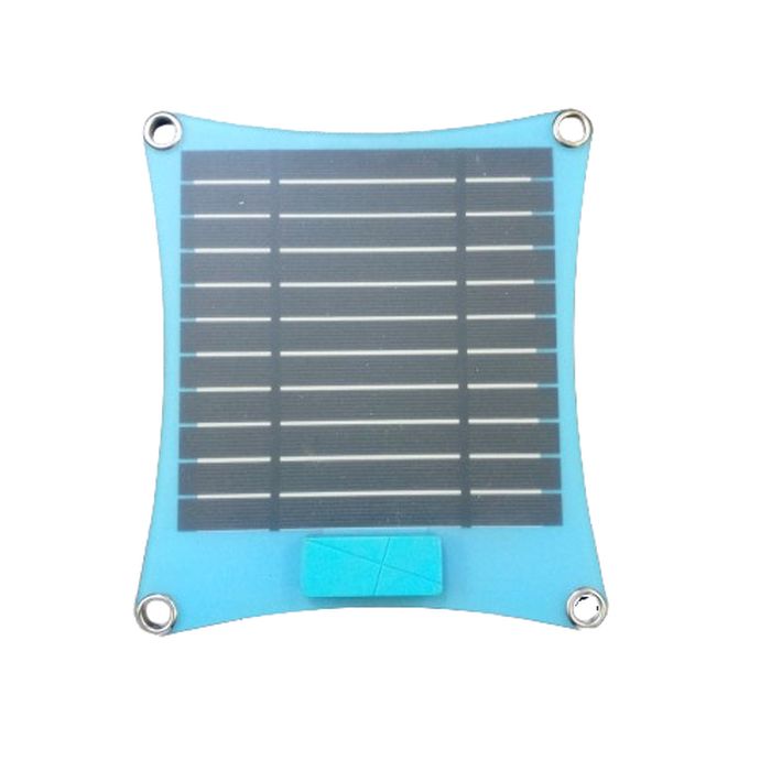 Solar Panel Charger RG-MSP 4W - a square, light blue solar panel with concave sides, four metal corner eyelets, and a small blue rectangular port housing.