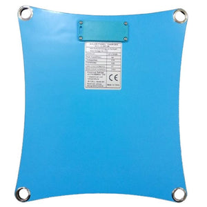 Solar Panel Charger RG-MSP 4W - the blue rectangular back side with four corner grommets and a central label containing technical specifications.