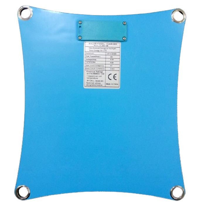 Solar Panel Charger RG-MSP 4W - the blue rectangular back side with four corner grommets and a central label containing technical specifications.