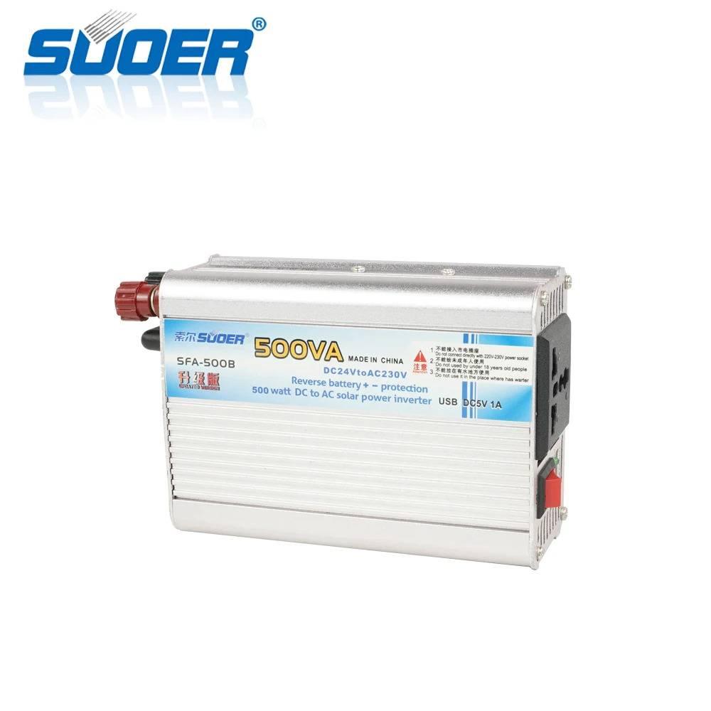 Solar Power Inverter Suoer 500 Watt 24V Original Sfa 500B - a silver rectangular power inverter with a red power switch, AC outlet, and USB port.