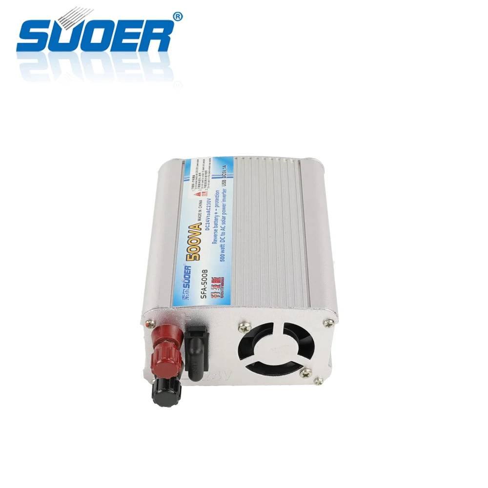 Solar Power Inverter Suoer 500 Watt 24V Original Sfa 500B - with a cooling fan, red and black terminals, and a label.