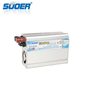 Solar Power Inverter Suoer 500 Watt 24V Original Sfa 500B - a silver, rectangular metal unit featuring red and black input terminals and a side cooling fan.
