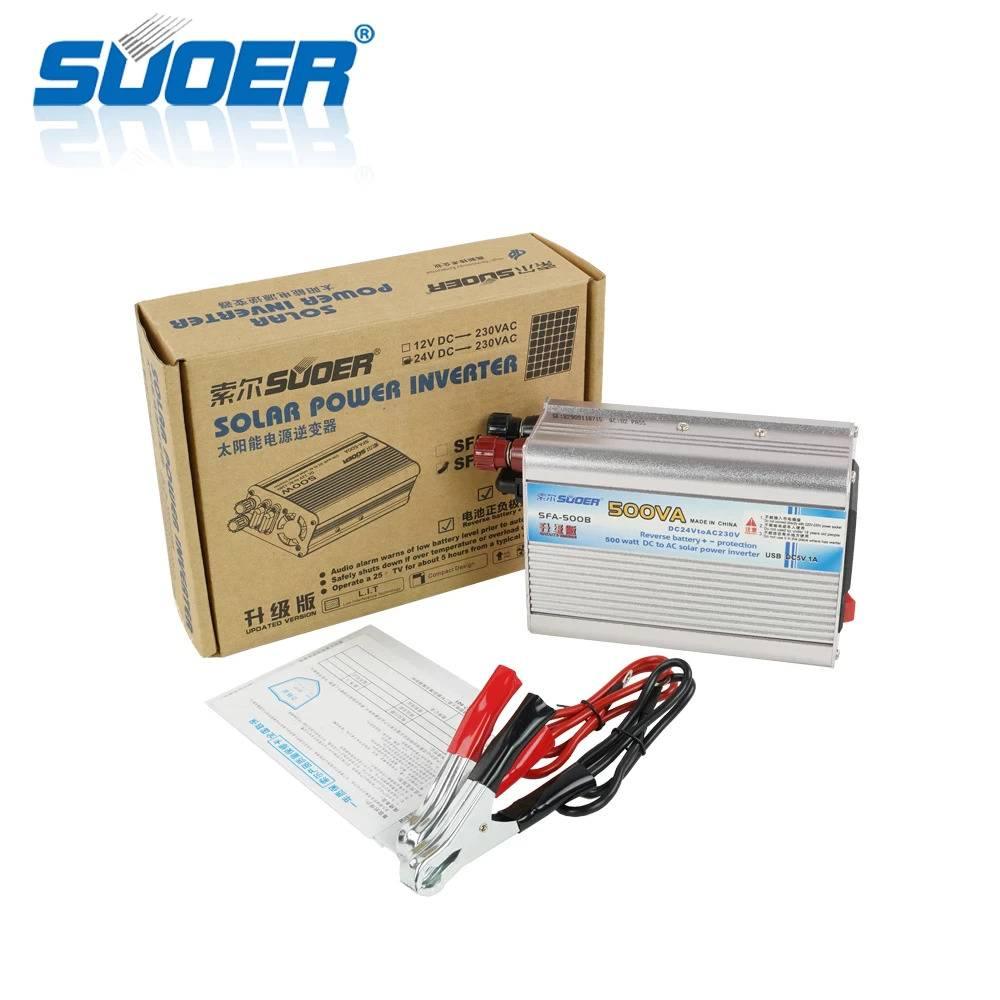 Solar Power Inverter Suoer 500 Watt 24V Original Sfa 500B - shown with its cardboard box, a pair of red and black battery alligator clips, and a user manual.