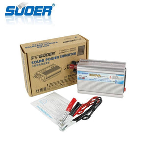 Solar Power Inverter Suoer 500 Watt 24V Original Sfa 500B - shown with its cardboard box, a pair of red and black battery alligator clips, and a user manual.