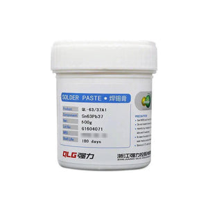 Soldering Flux Paste 500gram Soldering Tin Qlg Factory Solder Welding Rosin Flux SN63PB37 - a white cylindrical plastic jar with a blue and white label detailing product specifications including Sn63Pb37 composition.