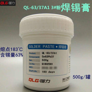 Soldering Flux Paste 500gram Soldering Tin Qlg Factory Solder Welding Rosin Flux SN63PB37 - a white plastic jar with a screw-top lid and a label displaying product specifications including Sn63Pb37 and 500g net.