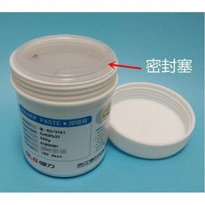 Soldering Flux Paste 500gram Soldering Tin Qlg Factory Solder Welding Rosin Flux SN63PB37 - a white plastic jar with a screw-off lid and a transparent inner sealing plug, labeled with Sn63Pb37 specifications.