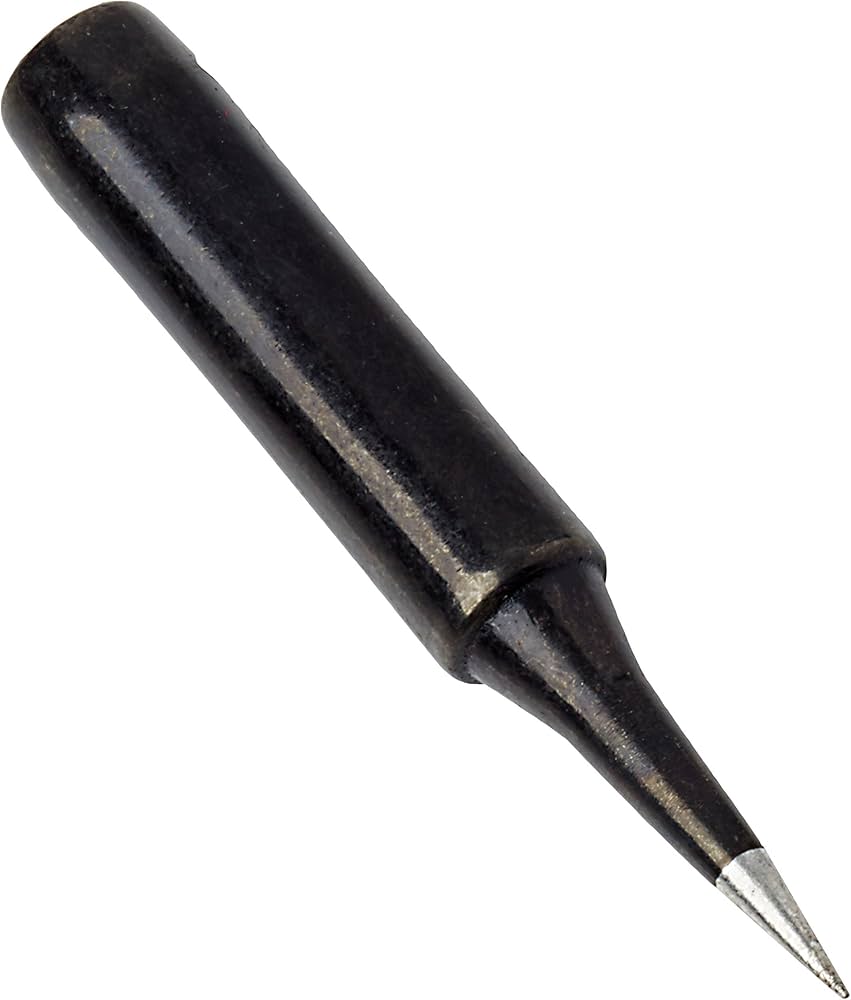 soldering iron bit 900M-T-I straight hakko Tip - a black, cylindrical metal soldering iron tip with a tapered, pointed silver end.