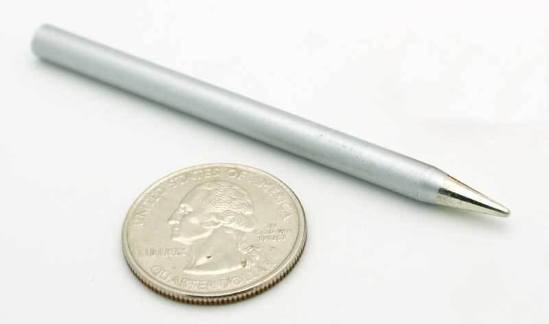 Soldering Iron Bit For 40 Watt Soldering Irons With Corrosion Resistant Coating - shown as a silver, pointed metal tip next to a US quarter coin.