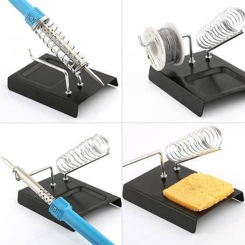 Soldering Iron Stand Holder - shown in four views with a black metal base, a coiled wire holder, a spool of solder, and a yellow cleaning sponge.