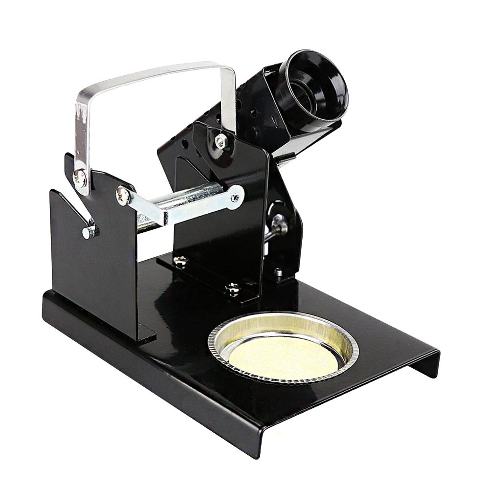 Soldering Iron Stand LTJ217 Good Quality - a black metal stand with a coil-style iron holder, a wire handle, and a circular tray with a cleaning sponge.