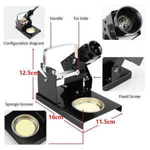 Soldering Iron Stand LTJ217 Good Quality - a black metal stand with a handle, tin hole, sponge groove, and red dimension labels showing height, length, and width.