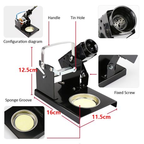 Soldering Iron Stand LTJ217 Good Quality - a black metal stand with a handle, tin hole, sponge groove, and red dimension labels showing height, length, and width.