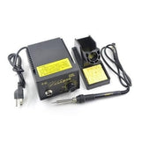 Soldering Iron Station Adjustable Temperature ESD Safe Kada 936 - a black control unit with a temperature knob and connector, a soldering iron, and a stand with a cleaning sponge.
