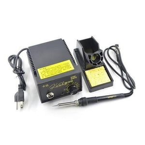Soldering Iron Station Adjustable Temperature ESD Safe Kada 936 - a black control unit with a temperature knob and connector, a soldering iron, and a stand with a cleaning sponge.