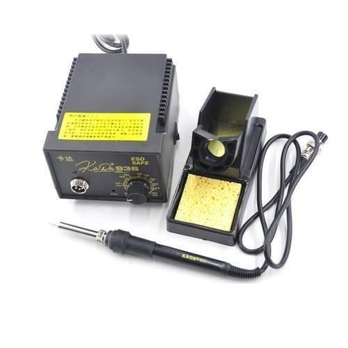 Soldering Iron Station Adjustable Temperature ESD Safe Kada 936 - a black control unit with a dial, a soldering iron, and a stand with a sponge.
