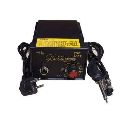 Soldering Iron Station Adjustable Temperature ESD Safe Kada 936 - a black unit with a temperature control knob, a soldering iron, and a power plug.