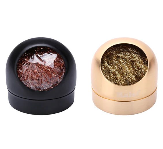Soldering Iron Tip Cleaner Welding Head Cleaning Steel Wire Brush With Stand Holder For BGA Soldering Station - two dome-shaped metal holders with internal wire mesh cleaning sponges, one in black and one in gold.