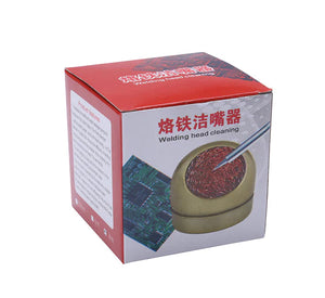 Soldering Iron Tip Cleaner Welding Head Cleaning Steel Wire Brush With Stand Holder For BGA Soldering Station - shown in its red and white product packaging box.