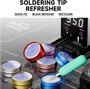 Soldering Iron Tip Cleaning Pastes Soldering Iron Tip Tinner Activators Tip Cleaner Removers Refreshing Repair Tool - Refresher paste in various coloured tins with a soldering iron tip being cleaned and a digital display showing 350 Celsius.