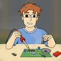 Soldering Service - an illustration of a person using a red-handled soldering iron to work on a green circuit board with various electronic components.