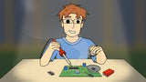 Soldering Service - an illustration of a person using a red-handled soldering iron to work on a green circuit board with various electronic components.
