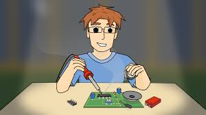 Soldering Service - an illustration of a person using a red-handled soldering iron to work on a green circuit board with various electronic components.