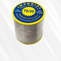 Soldering Wire Imperial 0.8mm (70/30) 400MG - shown as a spool of grey solder wire with a yellow and blue label detailing the specifications.