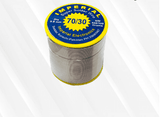 Soldering Wire Imperial 0.8mm (70/30) 400MG - shown as a spool of grey solder wire with a yellow and blue label detailing the specifications.