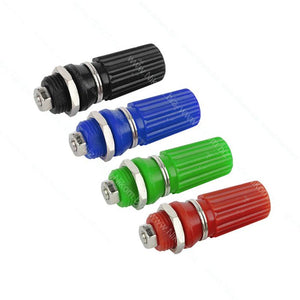 Solderless Bread Board BB-3T5D-01 - four binding post connectors in black, blue, green, and red, each with a metal nut and washer.