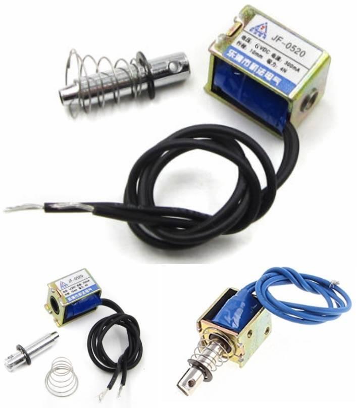 Solenoid Jf-0520 12V 300mA 4n 10mm Pull Push Type - two push-pull solenoid units with metal plungers, springs, and black or blue wire leads, displayed in a parts layout view.