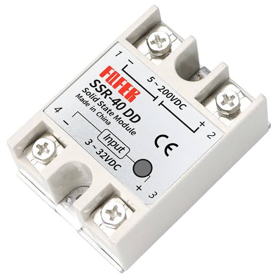 Solid State Relay DC Output Ssr 40DD - a white rectangular module with four screw terminals, clearly showing the label with input and output voltage specifications.