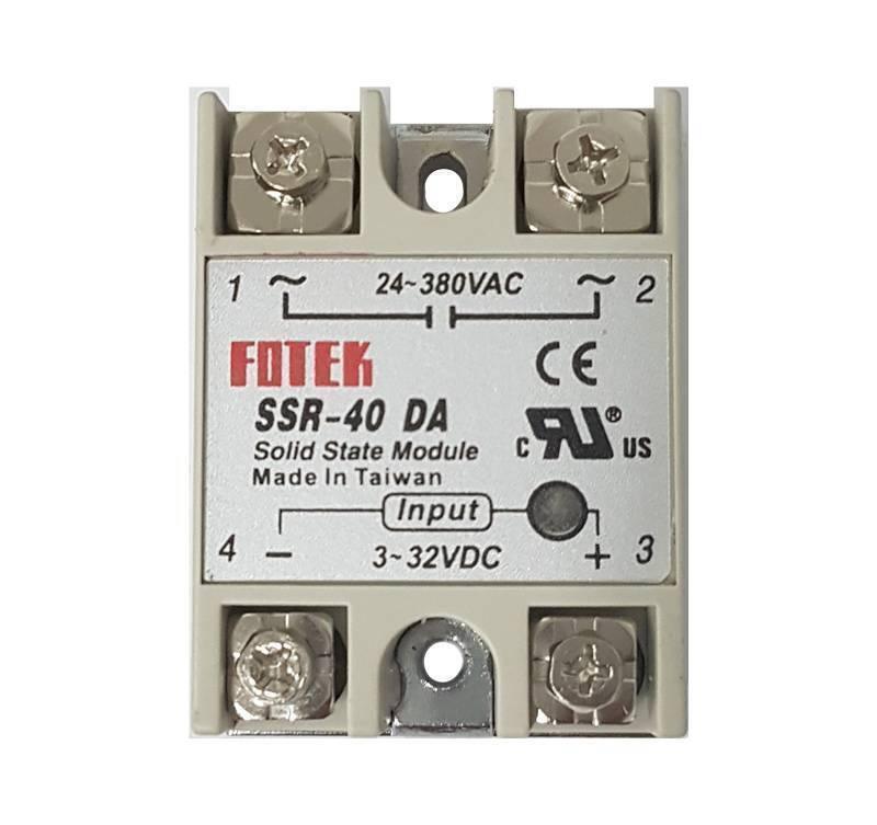 Solid State Relay Module Fotek Ssr 40 Da - a rectangular grey electronic component with four screw terminals and printed specifications on the front.