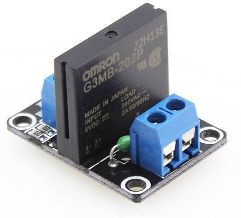 Solid State Relay Ssr Module 1 Channel For Arduino - a black Omron G3MB-202P relay mounted on a black PCB with two blue screw terminal blocks.