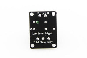 Solid State Relay Ssr Module 1 Channel For Arduino - the black underside of the PCB with soldered pins, mounting holes, and printed text.