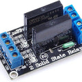 Solid State Relay Ssr Module 2 Channel For Arduino - a black circuit board featuring two Omron G3MB-202P relays, blue screw terminals, and input pins.
