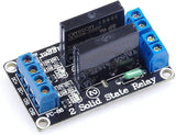 Solid State Relay Ssr Module 2 Channel For Arduino - a black circuit board featuring two Omron G3MB-202P relays, blue screw terminals, and input pins.