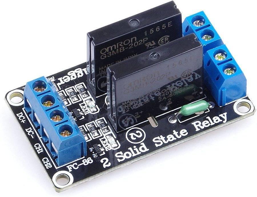 Solid State Relay Ssr Module 2 Channel For Arduino - a black circuit board featuring two Omron G3MB-202P relays, blue screw terminals, and input pins.