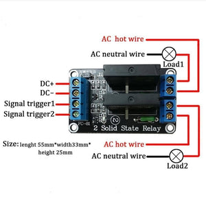 Solid State Relay Ssr Module 2 Channel For Arduino - shown in a wiring diagram with blue screw terminals, two black relays, and AC load connections.