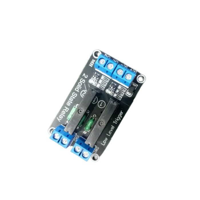 Solid State Relay Ssr Module 2 Channel For Arduino - a black rectangular circuit board with two blue screw terminal blocks, two relays, and two LEDs.