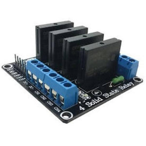 Solid State Relay Ssr Module 4 Channel G3mb-202P - a black circuit board featuring four black relays, a blue terminal block, and a row of header pins.