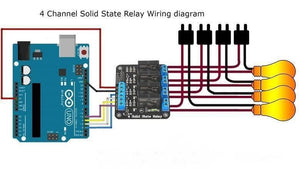 Solid State Relay Ssr Module 4 Channel G3mb-202P - connections between an Arduino Uno, the relay module, and four light bulbs.