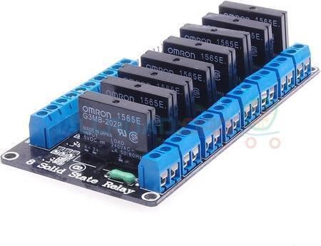 Solid State Relay Ssr Module 8 Channel 5V Omron For Arduino - a black circuit board with eight Omron relays, blue screw terminals, and connectors.